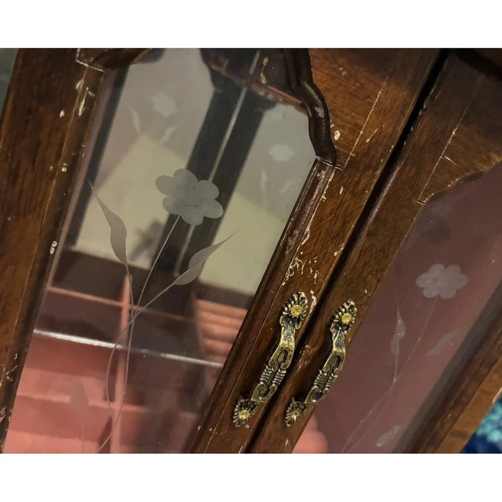 Vintage Jewelry Box Armoire Wood Etched Glass Carousel Mirror Music Box 13x9x5